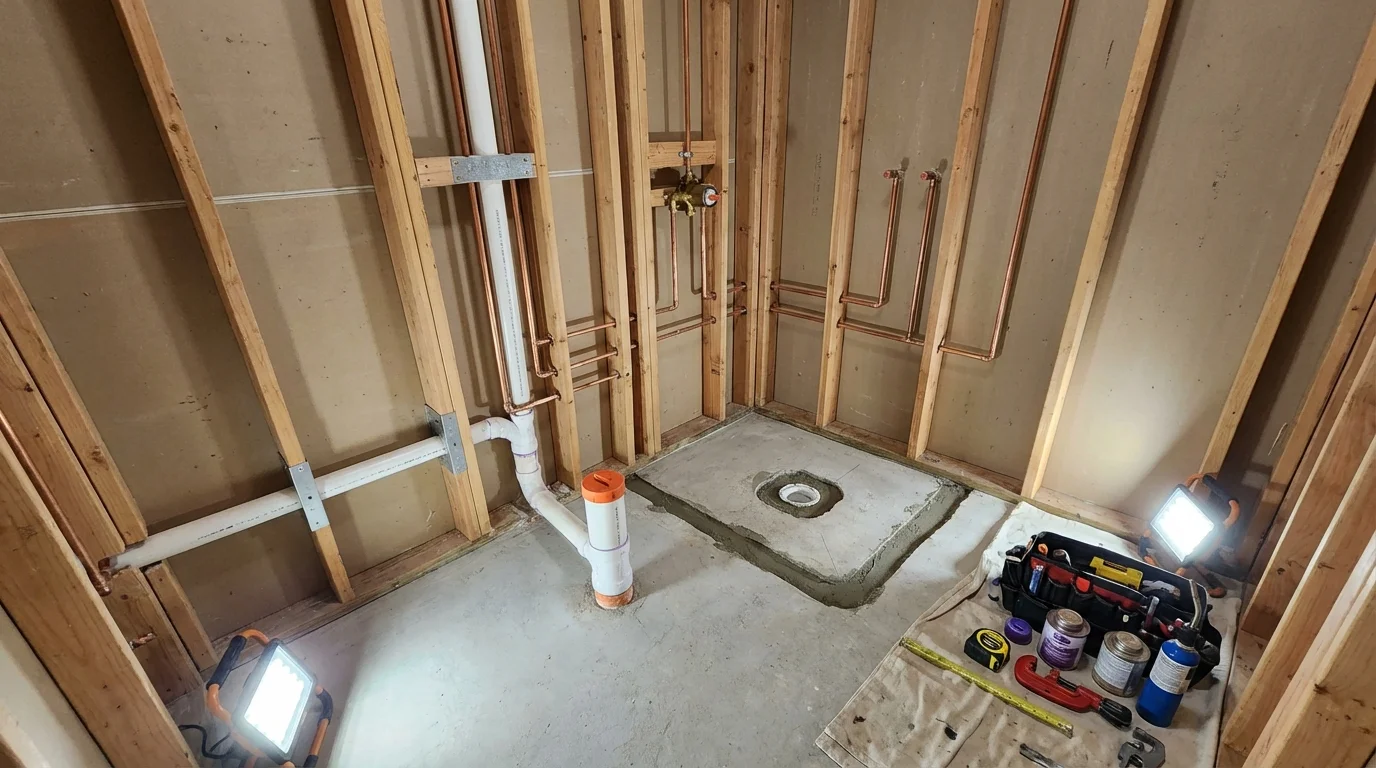 Bathroom rough-in plumbing during remodel by Johns Plumbing LLC in Holstein