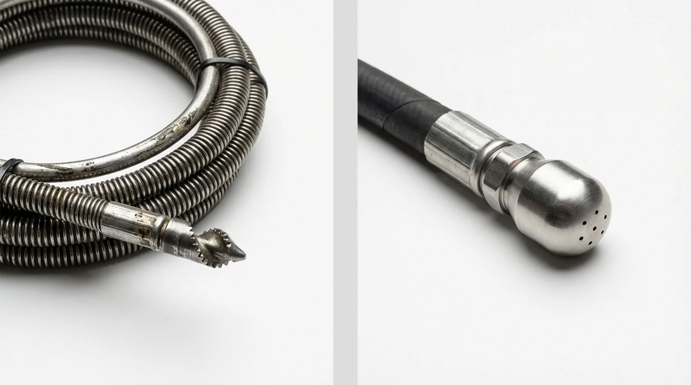 Drain snake cable and hydro jetting nozzle used for drain cleaning in Holstein, IA