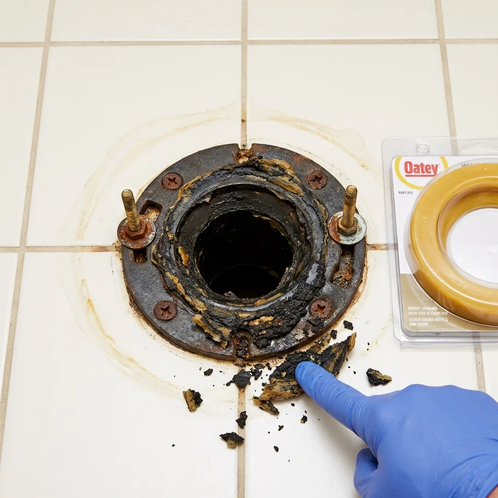 Failed wax ring showing water seepage at the base of a toilet in a Holstein, IA home
