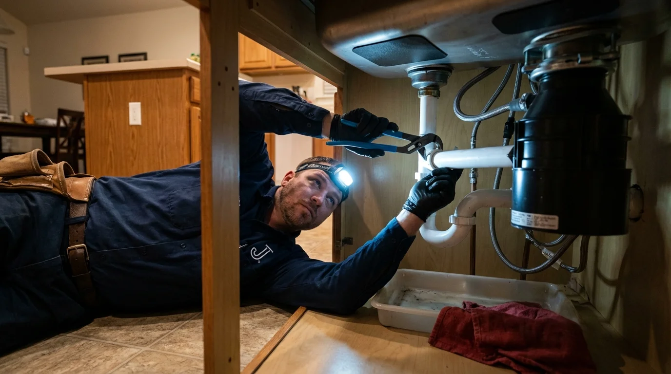 P-trap and supply line connections under a kitchen sink showing a common leak point in Holstein, IA